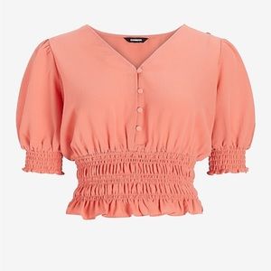 Express V-neck Button Front Smocked Waist Top